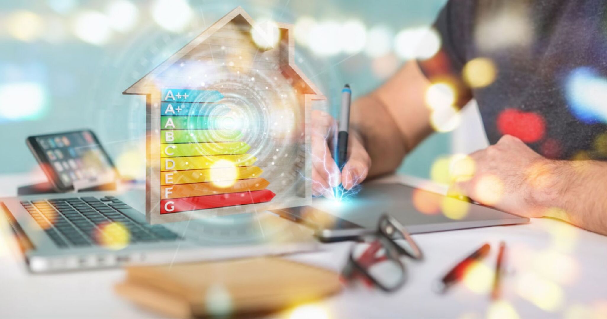 Ein kleines Haus mit den verschiedenen Energieverbrauchskennzeichnungen ist dargestellt. Im Hintergrund sitzt eine Person an einem Laptop.