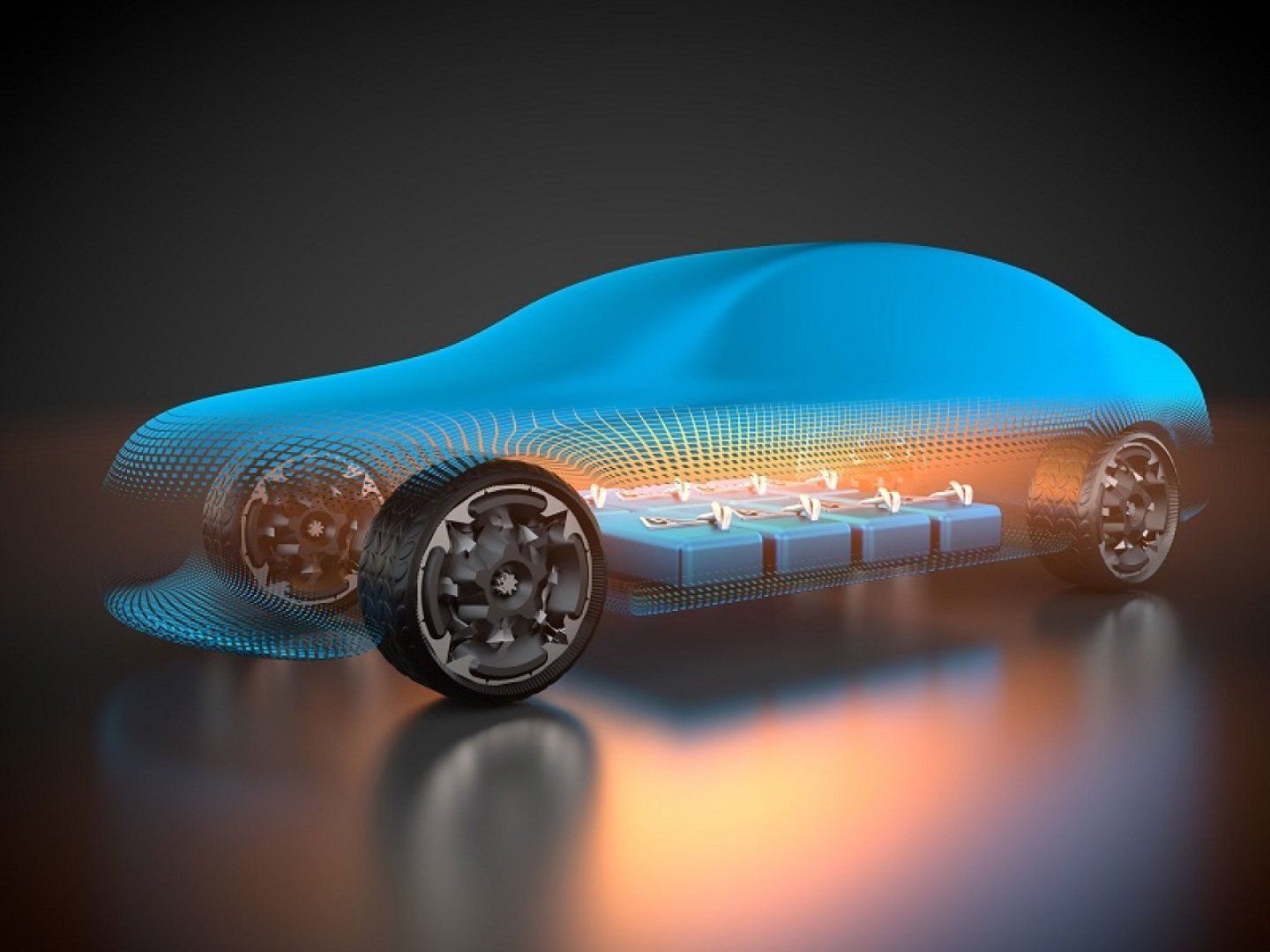 Die Grafik zeigt ein schemenhaftes Modell eines E-Autos, welches die Position des Akkus erkennen lässt.