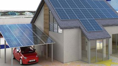 Es ist ein Modell eines Hauses mit Solaranlage auf Geldscheinen zu sehen, die die Förderung durch Zuschüsse symbolisieren.