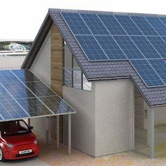 Es ist ein Modell eines Hauses mit Solaranlage auf Geldscheinen zu sehen, die die Förderung durch Zuschüsse symbolisieren.