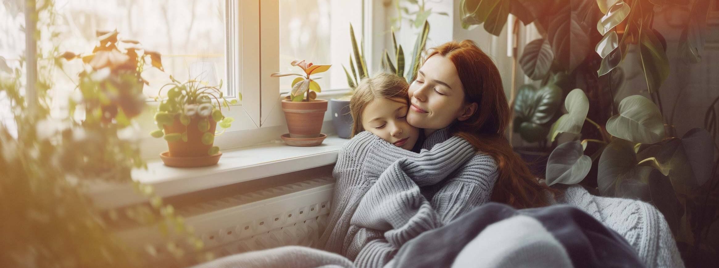 Mutter und Tochter gemütlich in Decke gehüllt zuhause am Fenster, warme Umgebung
