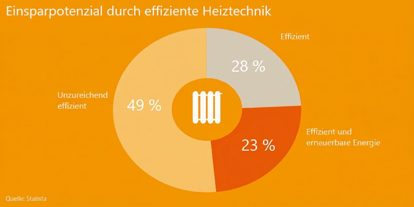 Einsparpotenzial durch effiziente Heiztechnik, Anteil unzureichend effizienter Heizungen in Deutschland.