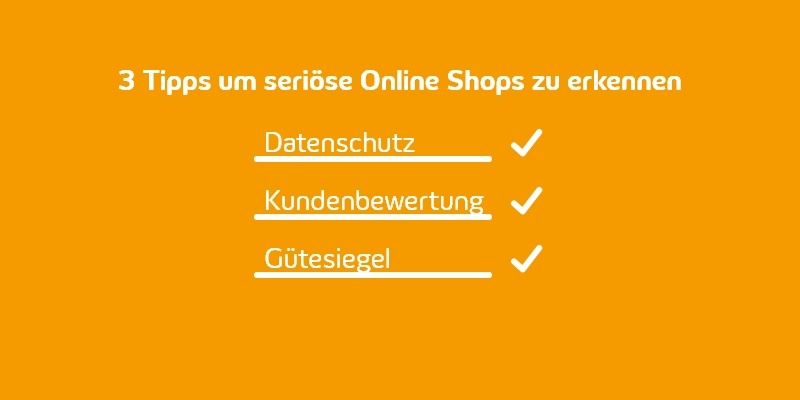 Im Icon-Stil ist eine Checkliste zu sehen, um sichere Online Shops zu erkennen.