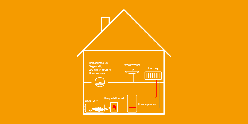Die Infografik zeigt den Querschnitt eines Hauses, in dem der Aufbau und die Stationen einer Pelletheizung zu sehen sind. Dargestellt sind der Lagerraum, der Holzpelletkessel, der Kombispeicher, die Heizung und Warmwasser in einem Waschbecken.  