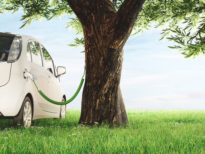 Ein Elektroauto an einem Baum steht für den Vorteil der Umweltfreundlichkeit.
