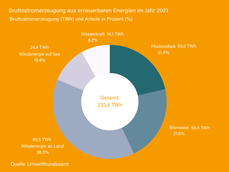 Eine Infografik zeigt die Bruttostromerzeugung aus erneuerbaren Energien im Jahr 2021.