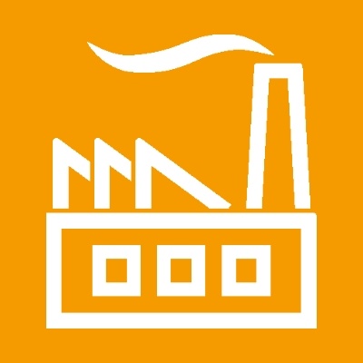 Zu sehen ist das Icon einer Fabrik, das die Nutzung von grünem Wasserstoff in der Industrie symbolisiert.