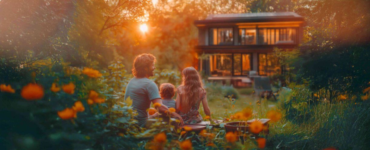 Familie im blühenden Garten mit Blick auf das beleuchtete Haus und den Sonnenuntergang